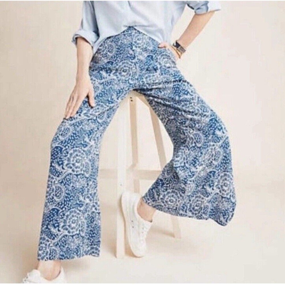 Maeve Anthropologie Anika Pants Womens XL Blue Floral Wide Leg Palazzo Pull On - Picture 3 of 14